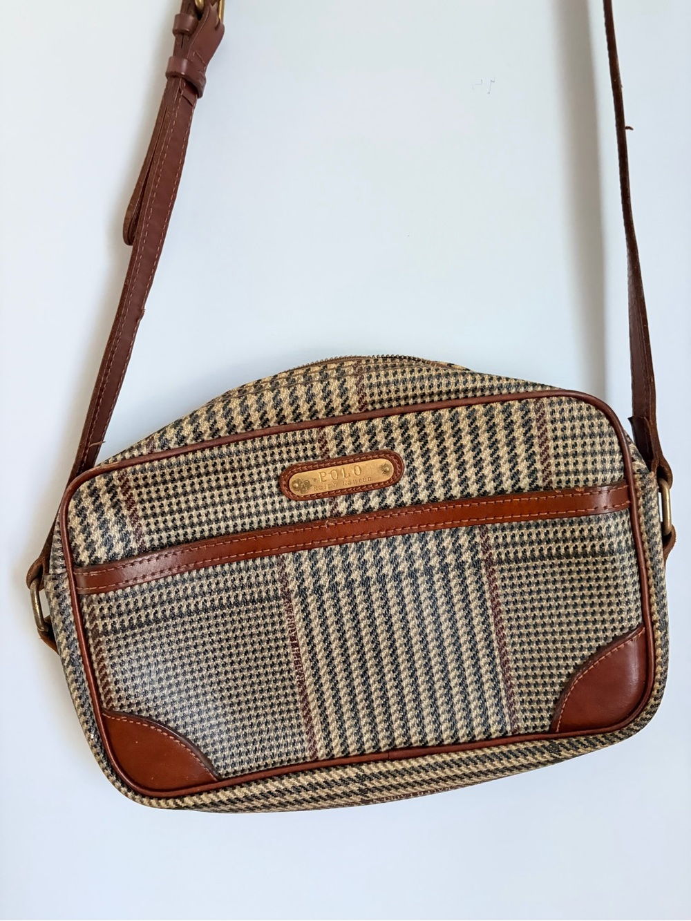 Vintage Polo by Ralph Lauren Brown Houndstooth Crossbody Bag with Leather Trim